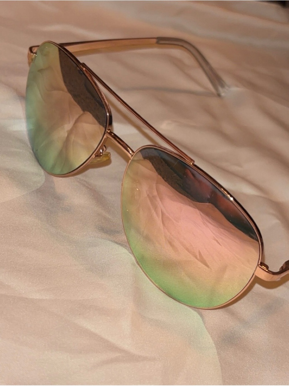 Rose Gold Aviator Sunglasses with Pink-Green Mirrored Lenses